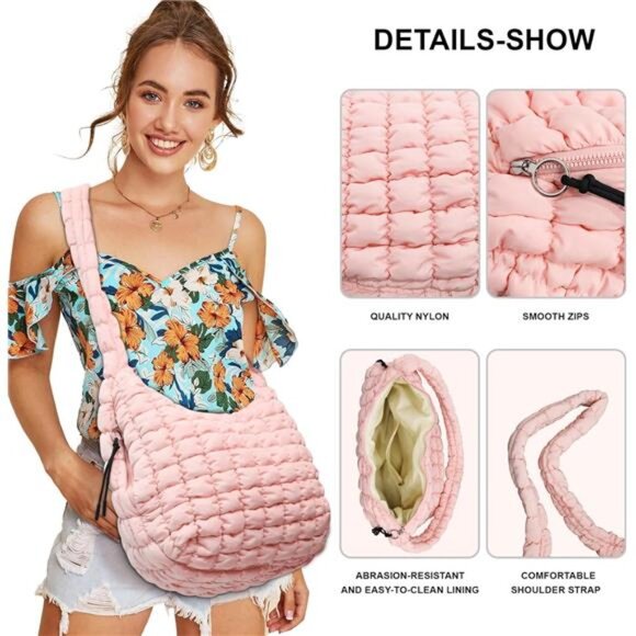 Large Puffer Crossbody Handbags - Pink - Picture 2 of 6